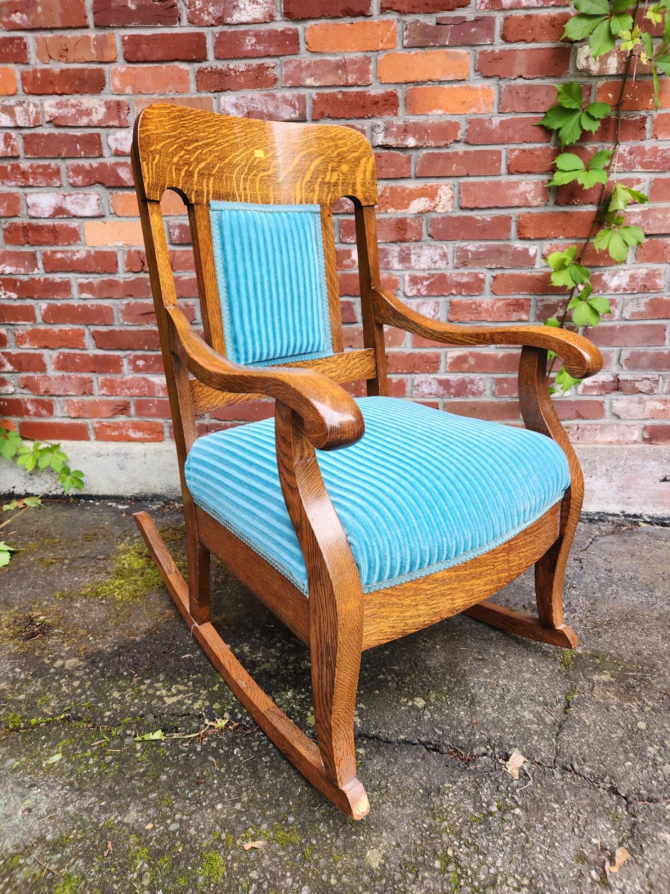 Antique Tiger Oak Upholstered Rocking Chair