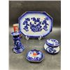 Image 1 : Antique Flow Blue Platter/Candlestick/Covered Dish and Ring Holder