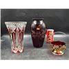 Image 1 : Vintage Ruby Crystal Vase/Etched Ruby Vase and Ruby Glass Candy/Nut Dish