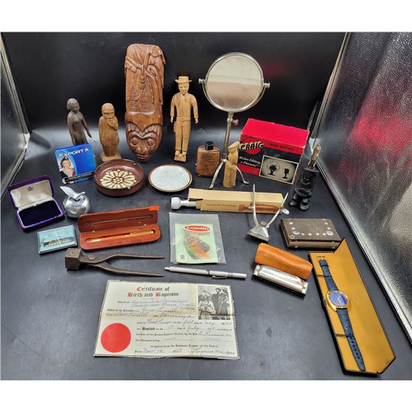Vintage Wood Carvings, Cigarette Tin, Clippers, Certificate, & More