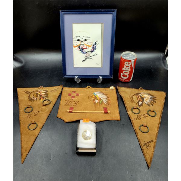 Native Original Drawing, Leather Art, & Pin