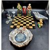 Image 1 : Marble Chess/Checker Board, Spun Glass Sailboat, Ceramic Figures, Gravy Boat, & More