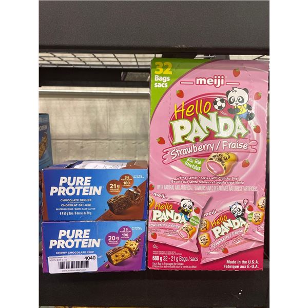 Mixed Lot of Pure Protein Bars 12 x 50g and Meiji  Hello Panda Strawberry Bites 32 x 21g