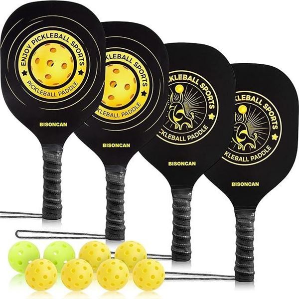 BISONCAN Pickleball Paddles - Pickleball Set of 4 Wood Paddles, Indoor & Outdoor Pickleball Balls, S