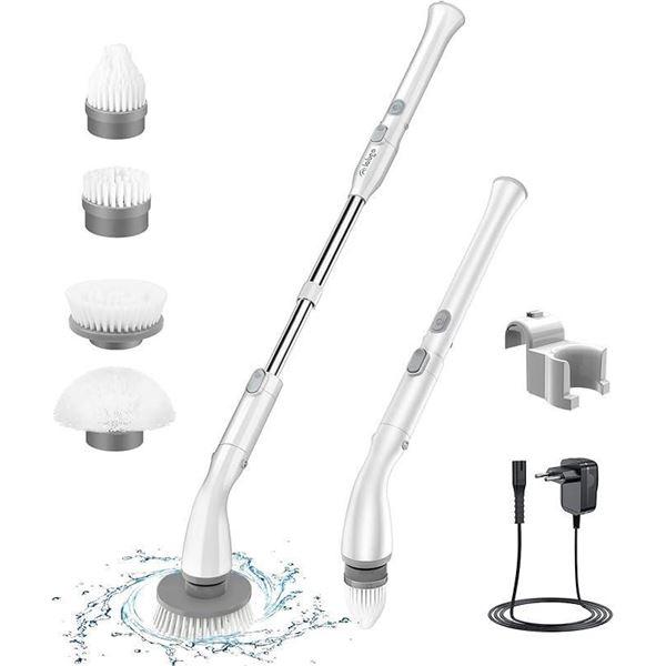 Electric Spin Scrubber Cordless Cleaning Brush with 4 Replaceable Brush Heads and Adjustable Extensi
