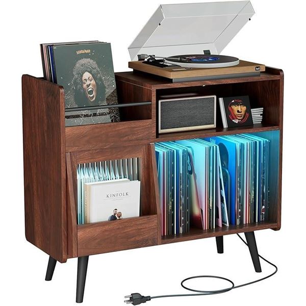 yacchi home Large Record Player Stand with Power Outlet and LED Light, Record Player Table with 350 