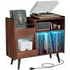 Image 1 : yacchi home Large Record Player Stand with Power Outlet and LED Light, Record Player Table with 350 