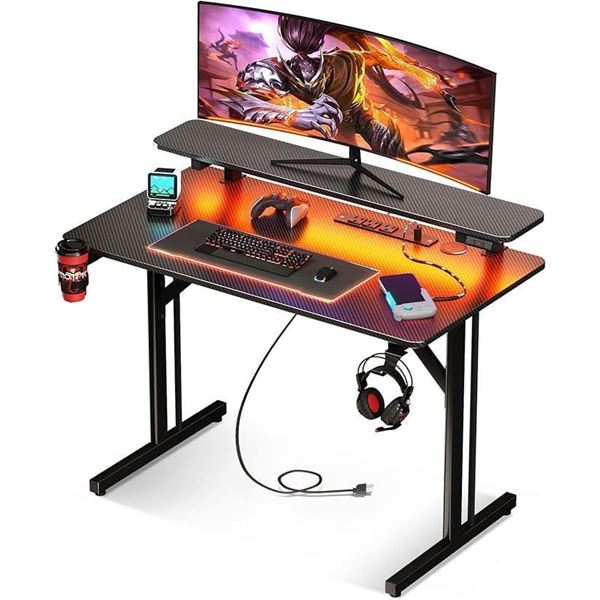 Small Gaming Desk with LED Lights & Power Outlets, 31 Inch Computer Desk Gaming Table with Monitor S