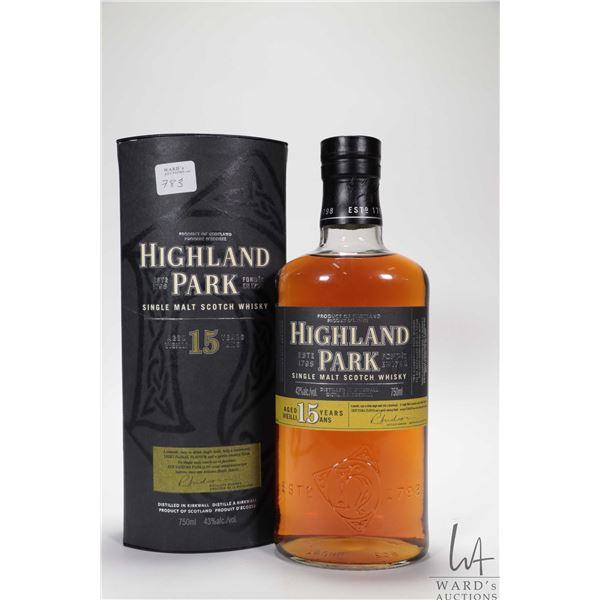 Highland Park/ 15 Year Old/ Single Malt Scotch Whisky/ 750ml/ 43% ABV NOTE: Alcohol cannot be insure