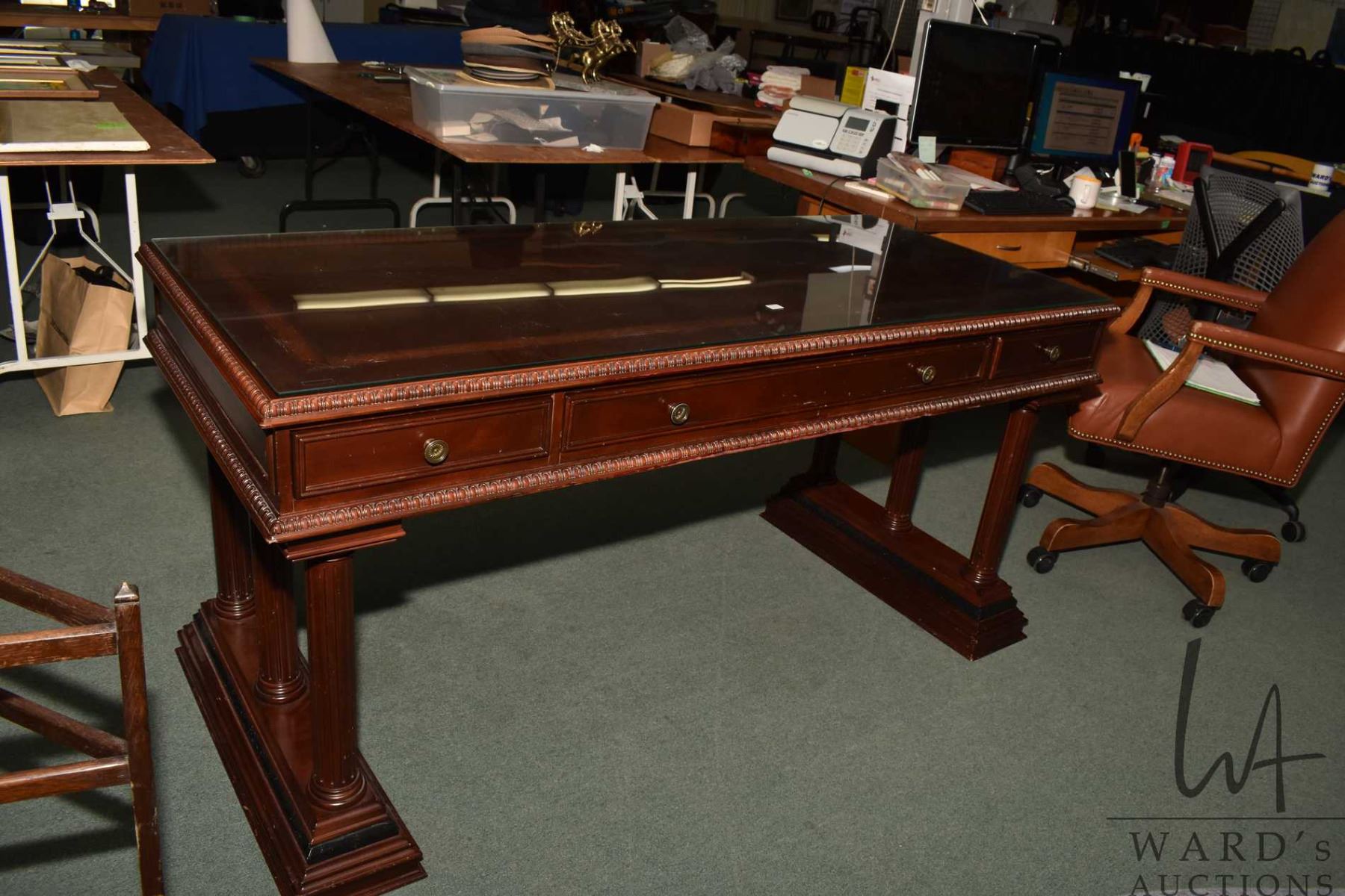 Modern glass top three drawer, library table style desk with keyboard ...