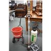 Image 1 : Mastercraft fertilizer/ seed spreader, Mastercraft sprayer, Ray Padula sprinkler and a EGO battery p