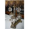 Image 2 : Pair of vintage cast metal lamps with large cut crystal balls and hanging lustres and fringed shades