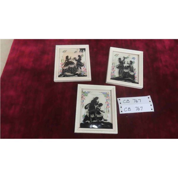 3 Antique Pictures with Convexed Glass and Painted Silhouette 4 3/4'' x 5 3/4'' 