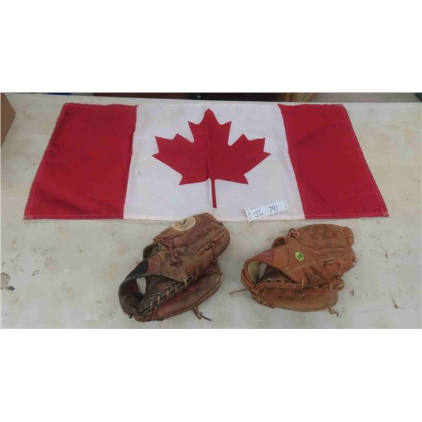 2 Left Handed Baseball Gloves , Canadian Flag 35'' x 17'' 