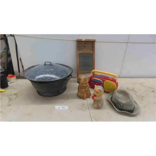 Graniteware Basin with Lid, Washboard, Kid RCA Radio/Cassette Player & More 