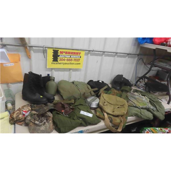 Military Camo Shirts, Pants, Rain Coat, Canteen, 2 Pairs of Boots Size 10 1/2 , 