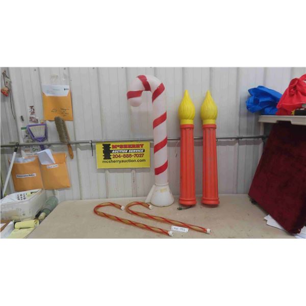 3 Blow Molds : 2 Candles 36'' Tall , Candy Cane 39'' H No Light, 2 Unlit Candy