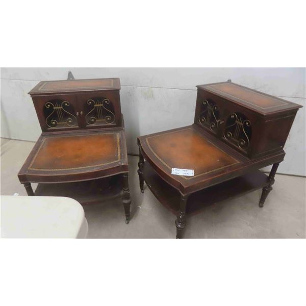 2 Wood Stepback End Tables with Shelf & Decorative Doors 21'' x 29'' x 28'' H 