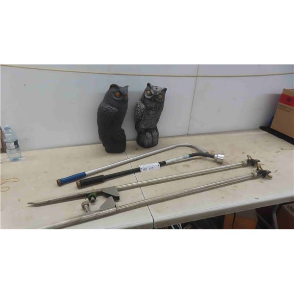 2 Plastic Owls 16'' Tall , 4 Wood Water Sprinklers