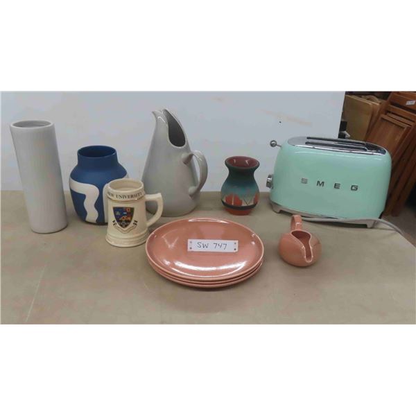 Smeg Toaster , Vases , Russel Wrights Pitcher, 3 Plates , Creamer 