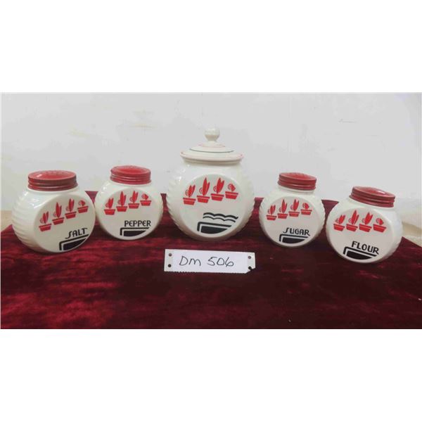5pcs Milk Glass : Salt, Pepper, Flour, Sugar (Knob on Large Piece Has 