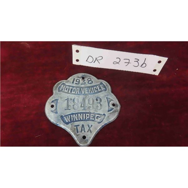 1938 Manitoba Motor Vehicle Winnipeg Tax Tag 3 1/4'' x 3 1/4'' 