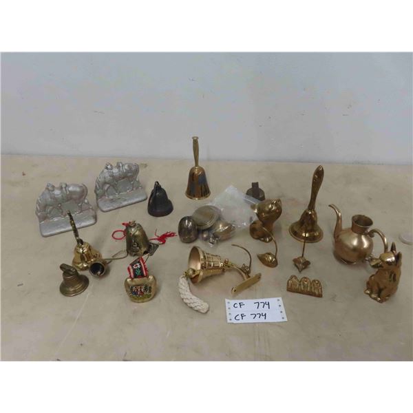 Brass Ornaments, Bells, Rustic Book Ends 