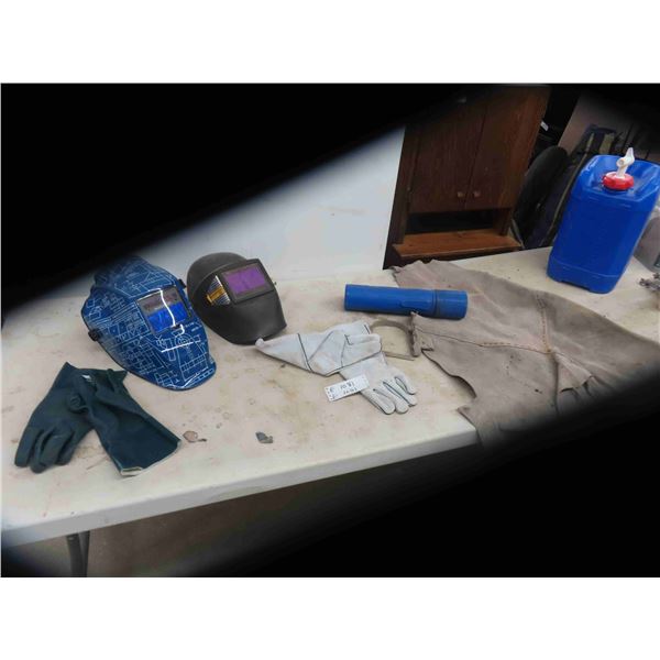 2 Auto Flash Welding Helmets (1) Seems New , Welding Aprons, Gloves 