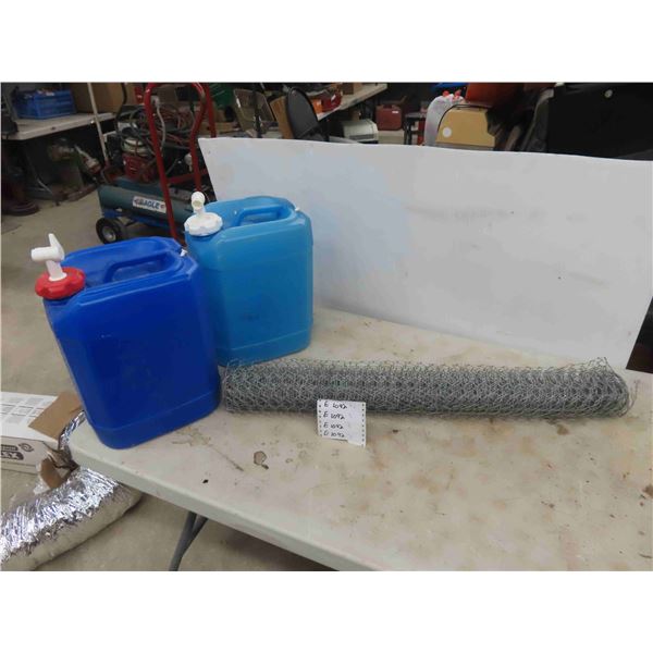 Partial Roll of Chicken Wire , 2 Water Jugs 