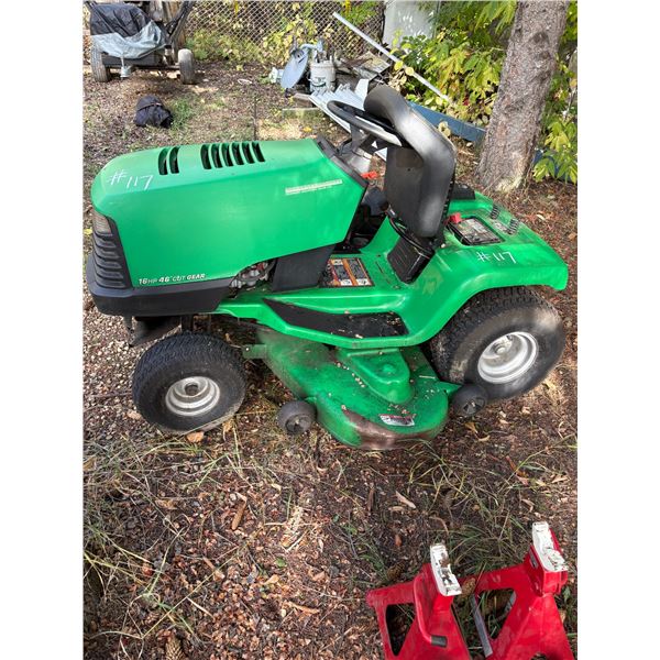 JD 16 H.P 46" riding mower. GXSABRT010037 c/w rear bagger. Running.