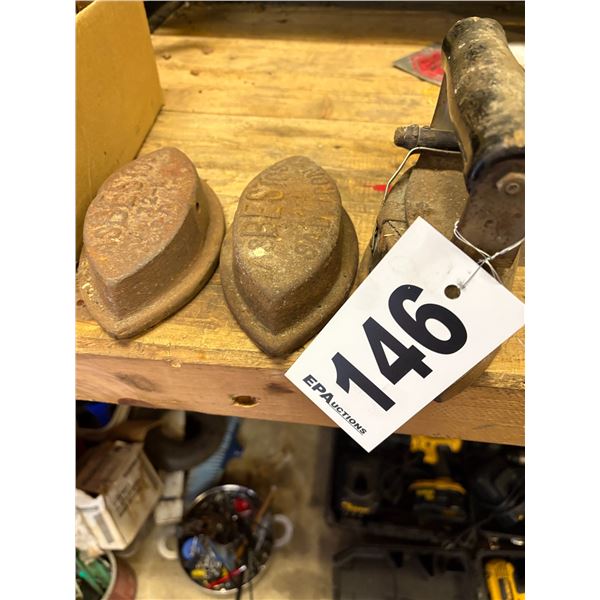 3 Sad irons , old bottles, 2.5" old bus, and wood mallet.