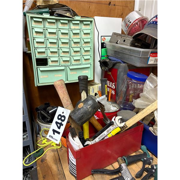 Green cabinet , various tools, and misc. small cabinets, power bar, 2 cowboy hats, yellow plastic bi