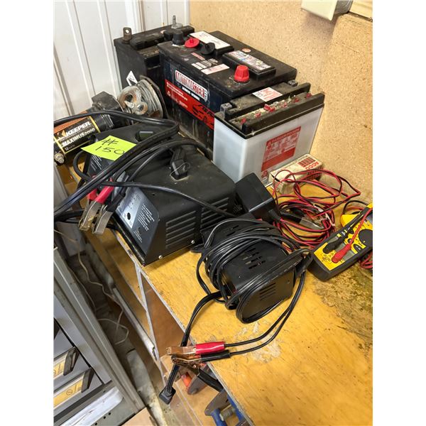 3 batteries , 3 battery chargers, elect. Testing equipment.