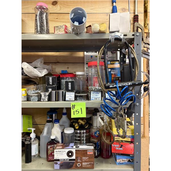 Metal shelf unit. C/w with contents. Screws, staplers, elec. cords.