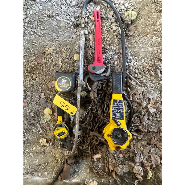 Propane torch, pipe wrench, 2 chain come alongs
