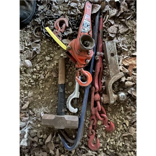 Chain come alongs, 2 prybars, hammer, ball hitch, boomer