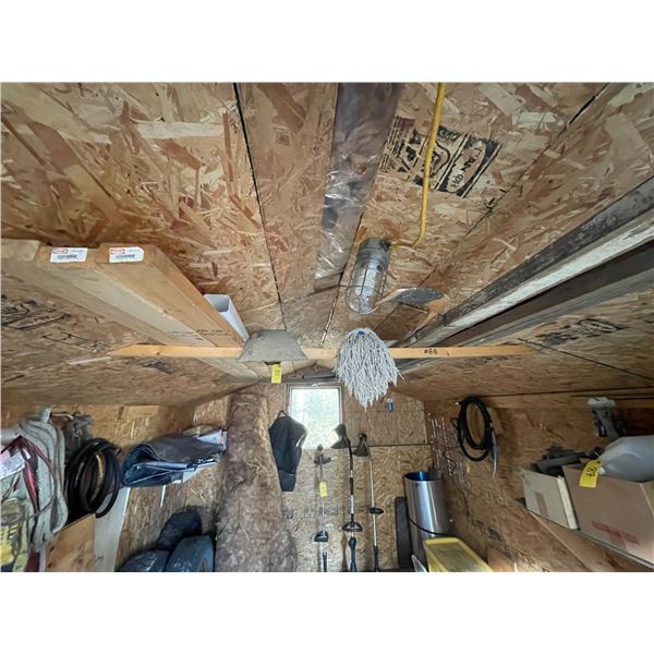 Shovels, broom, mop, misc. boards in rafters of shed