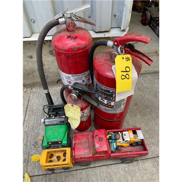 3 Fire extinguishers, approx. 4 toy trucks