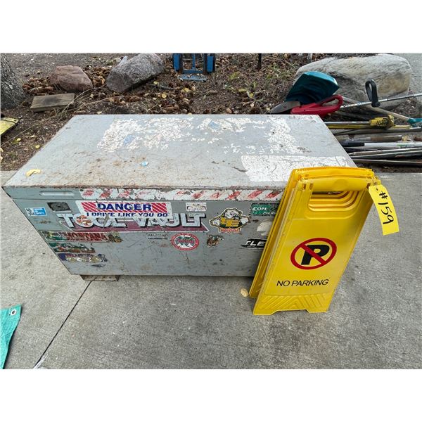 20in x 42in Metal jobsite box, 2 no parking signs