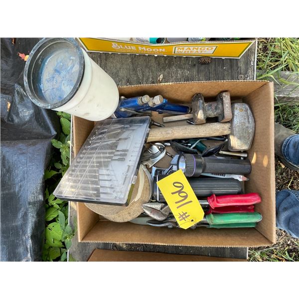 Hammer, paint gun, tin snips, tape, small screwdriver set