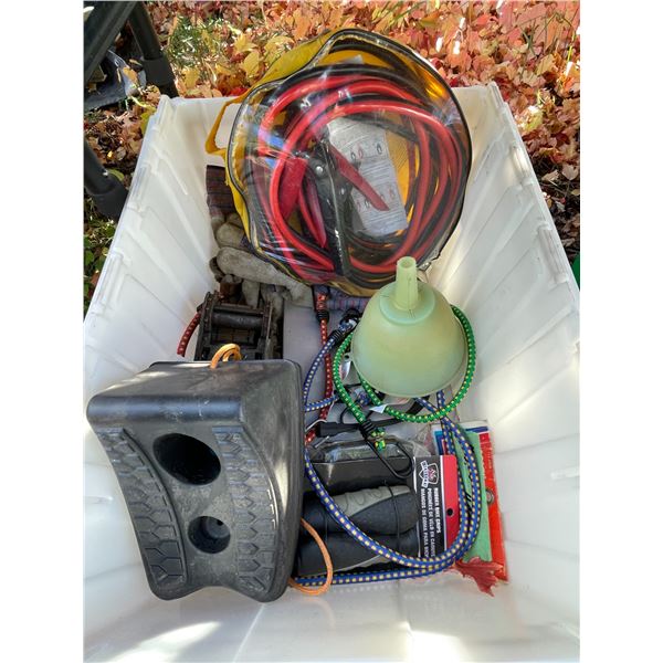 Jumper cables, wheel chocks, bungee cords