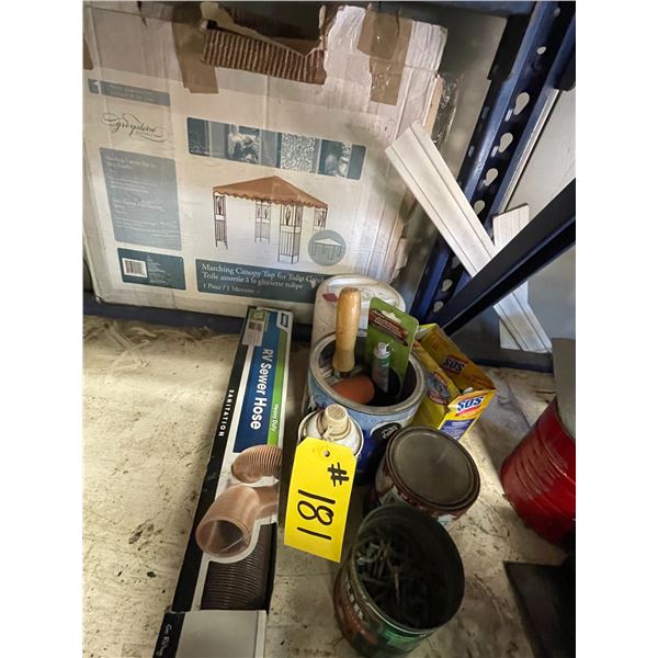 RV sewer hose, nails, gazebo canopy, bug & tar remover