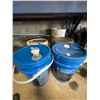 Image 1 : Approx 4 pails of hyd oil, pail of insulation glue