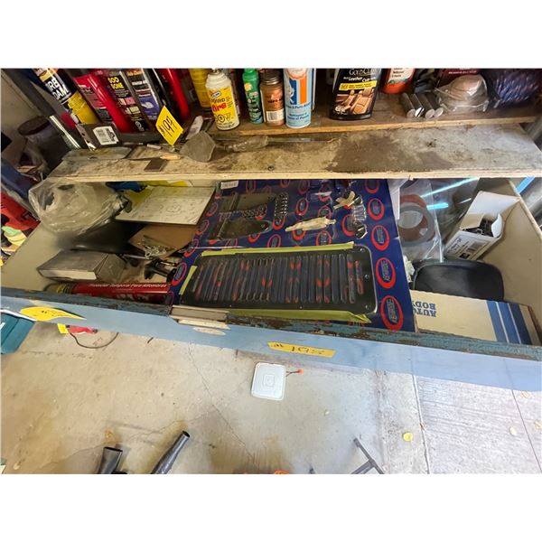 Contents of upper 4 shelves, misc. parts, hinges, cables