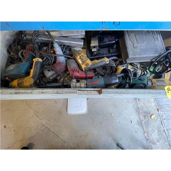Contents of lower 3 shelves, electric drills, door handles, bolts, springs
