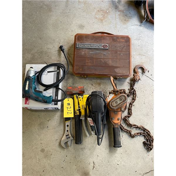 Chain hoist, hammer, sander, drill, asst, nuts, screw