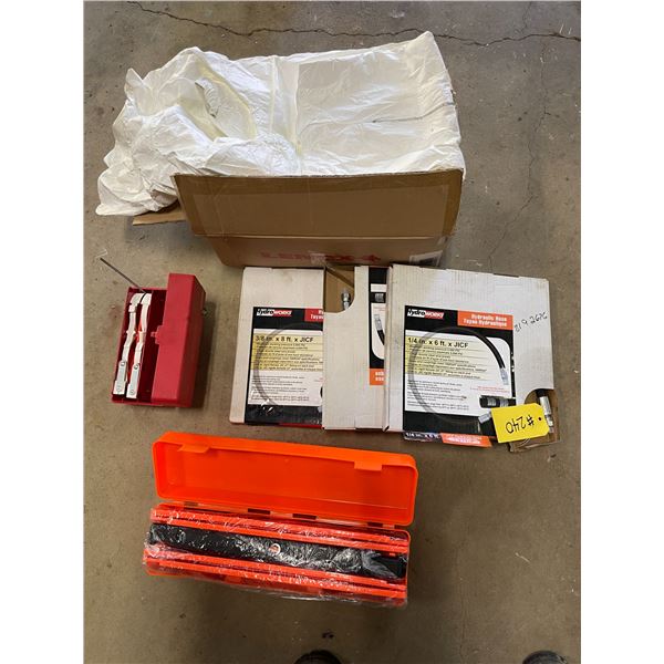 3  1/4in Hyd hoses, 2 road flare kits, box of paint suits