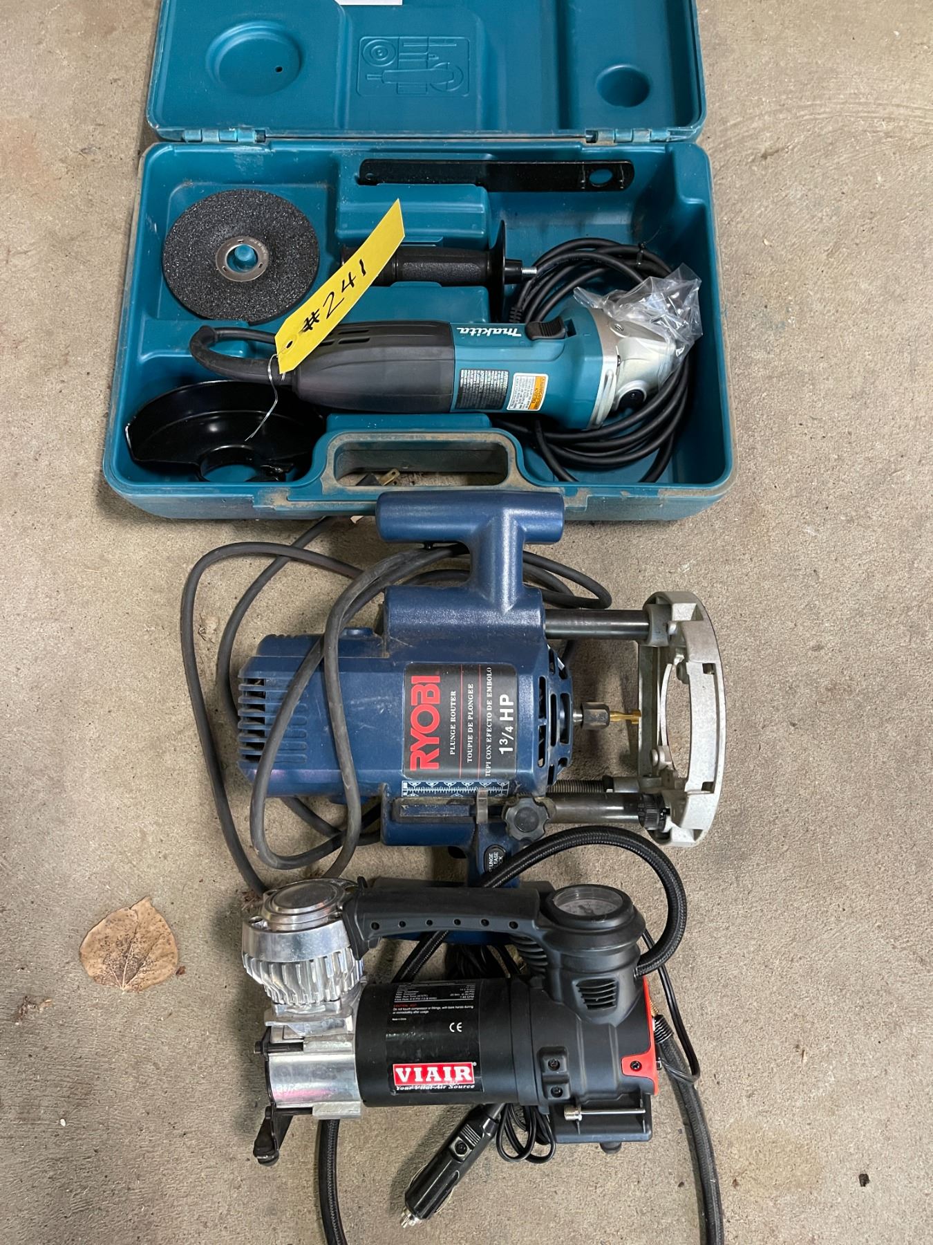 Makita grinder, Ryobi router, 12V air compressor