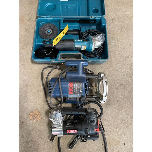 Makita grinder, Ryobi router, 12V air compressor