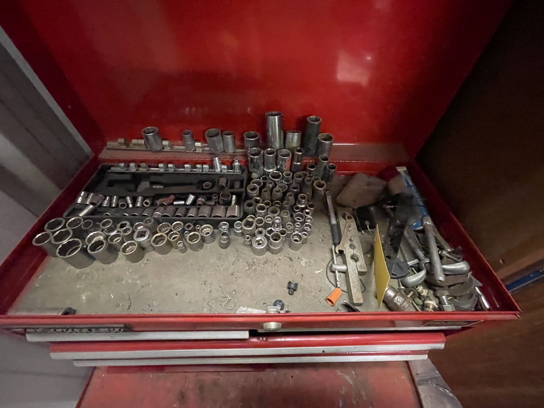 Benchmark tool box c/w sockets, screw drivers, wrenches, staples